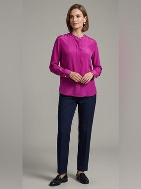 Ralph Lauren Magenta Pink Silk Long Sleeve Mandarin Collar Blouse M